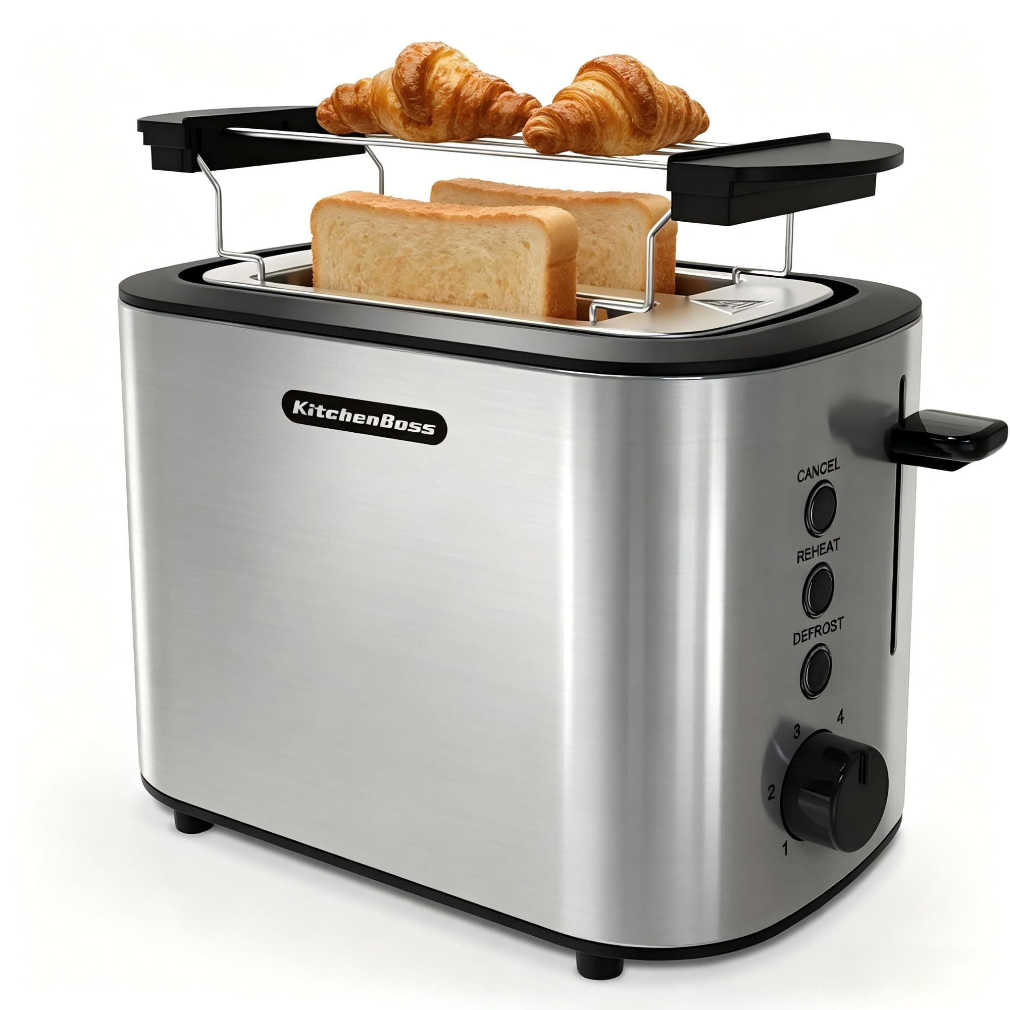 KitchenBoss Edelstahl Toaster 2 Scheiben：Toaster mit 6 Bräunungsstufen | Brötchenaufsatz, Abschaltautomatik, Auftaufunktion & Reheat-Funktion, 870W, mit Herausnehmbare Krümelschublade Angebot bei HelloDeals
