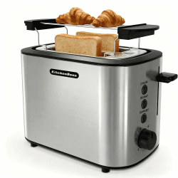 KitchenBoss Edelstahl Toaster 2 Scheiben：Toaster mit 6 Bräunungsstufen | Brötchenaufsatz, Abschaltautomatik, Auftaufunktion & Reheat-Funktion, 870W, mit Herausnehmbare Krümelschublade Angebot bei HelloDeals
