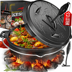 KESSER® Dutch Oven Set BBQ 7,3 Liter, Feuertopf Schmortopf mit Füßen, Gusseisen Topf mit Deckelheber Henkel und Schlitz für Themormeter, kochkessel Grilltopf Gulaschkessel für Oudoor & Indoor Schwarz Premium 7.3 liter Angebot bei HelloDeals