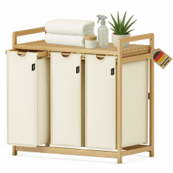 Wäschesammler 3 fächer,148L Wäschekorb mit Ablage,Bambusrahmen | Wäschesortierer 3 x 49.3L,ausziehbar abnehmbar,Ablage bis 45 kg,Farbe Beige Beige0617 Angebot bei HelloDeals