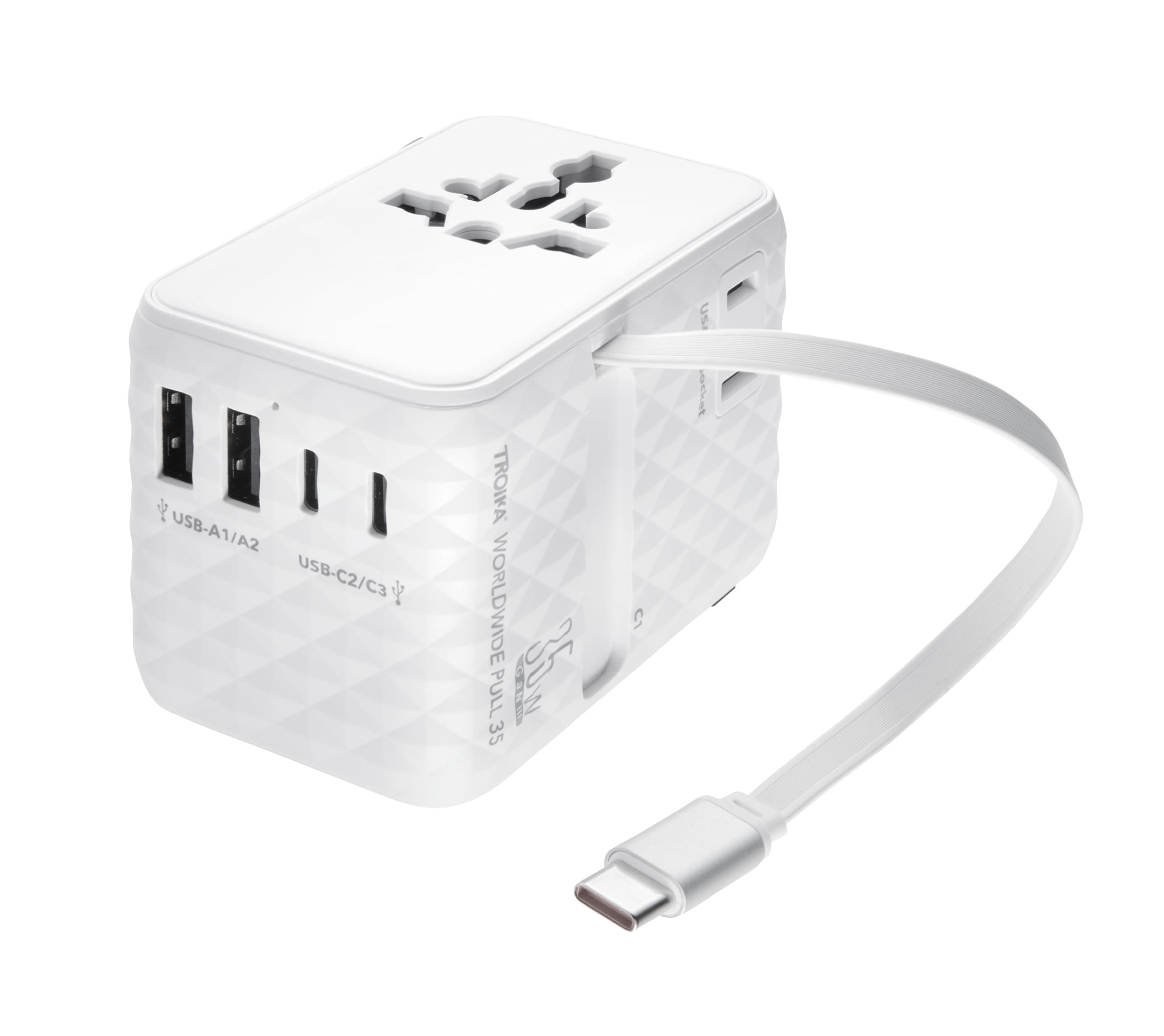 TROIKA Reiseadapter weltweit Worldwide Pull 35 EU/USA/AUS/CHN/UK + USA/JP inkl. USB-C Kabel herausziehbarem Schnellladekabel und geeignet für alle gängigen Steckdosen 5-in-1 Ladepower 35W in weiß Angebot bei HelloDeals