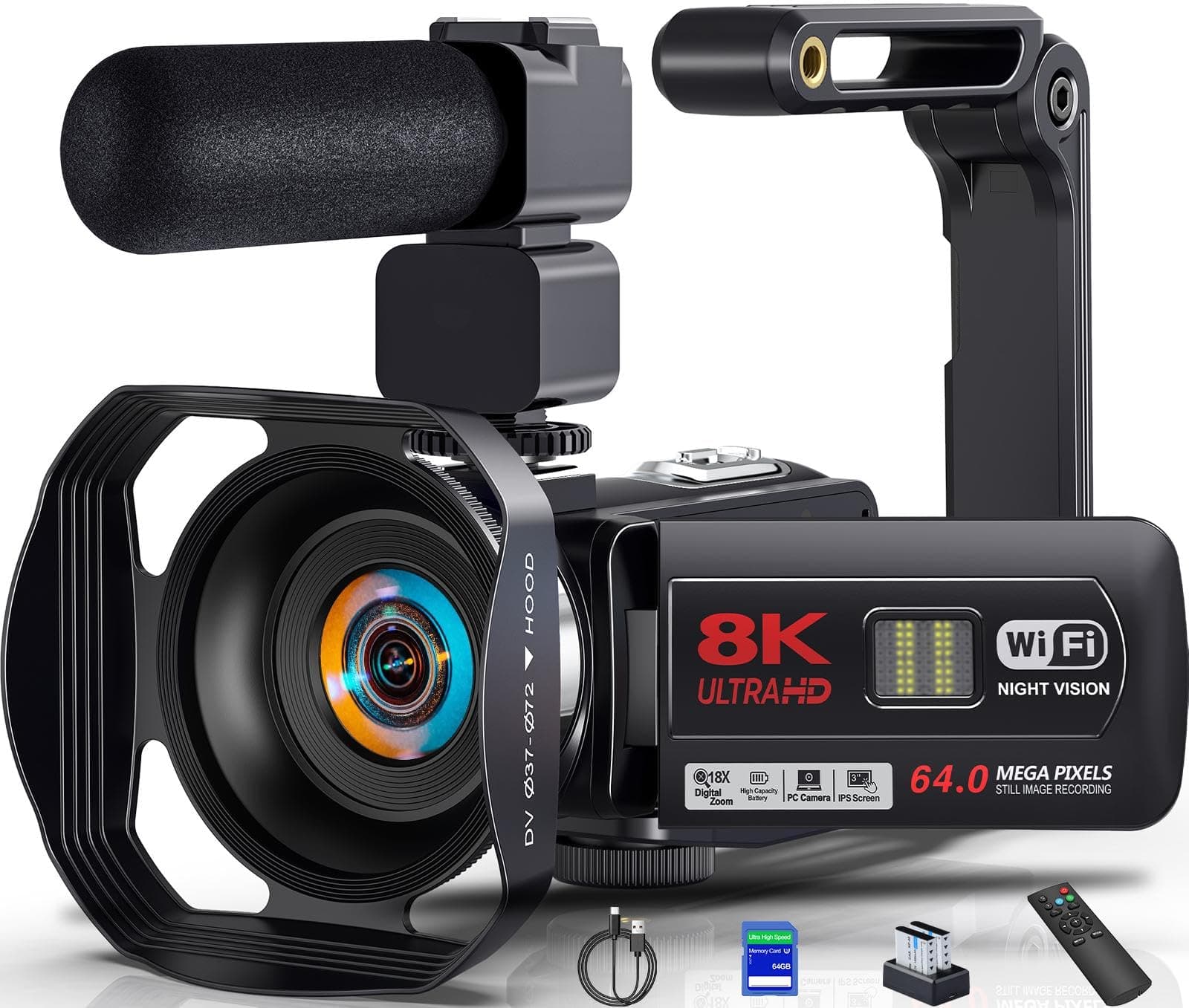 Videokamera Camcorder 8K 64MP WiFi 18X Digitalzoom Nachtsicht Vlog Kamera | Vlogging Camera mit IR Nachtsicht, HD 3.0'' Touchscreen, für YouTube/Webcam, 64GB SD-Karte, 2 Akkus, Mic und Fernbedienung Tiefschwarz Angebot bei HelloDeals