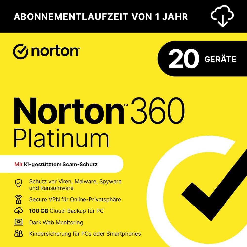 Norton 360 Platinum 2026 | 20 Geräte | 1 Jahr | Aktivierungscode per Email per Email (Aktivierungscode) 20 Geräte 1 Jahr Angebot bei HelloDeals