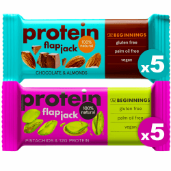 The BEGINNINGS Protein Hafer-Energieriegel Flapjack Mixbox mit 2 Sorten x 5 Riegel – 10 x 60 g (600 g) – Proteinriegel – glutenfrei, vegan – Müsliriegel Mix 10er pack Angebot bei HelloDeals