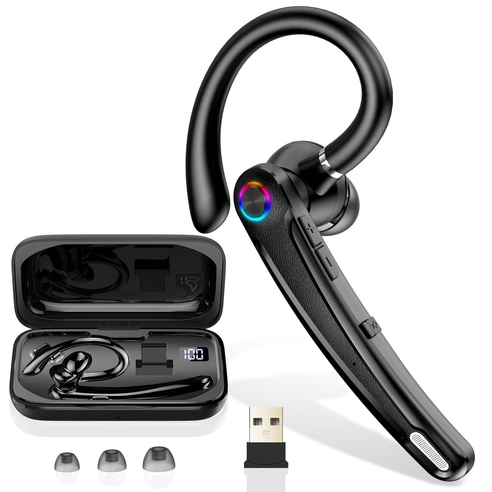 Atheewon Bluetooth Headset V5.4, Wireless Freisprech Telefon, Schwarz | CVC 8.0/ENC Dual Mic, APTX, Mute Zwei-Geräte-Verbindung Headset Handy, 115 Std, USB-Adapter Freisprech-Headset mit Ladebox Angebot bei HelloDeals