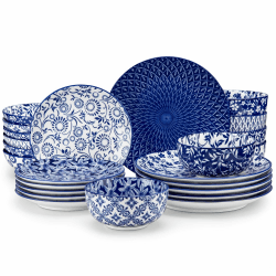 Geschirrset 6 Personen, vancasso Serie SELENE 24-tlg Hochwertiges Keramik Geschirr set Tafelservice aus Porzellan Blau-Weiß Geschirrsets mit Speiseteller, Salatteller, Suppenteller und Schüsseln 24 Teile Set Angebot bei HelloDeals