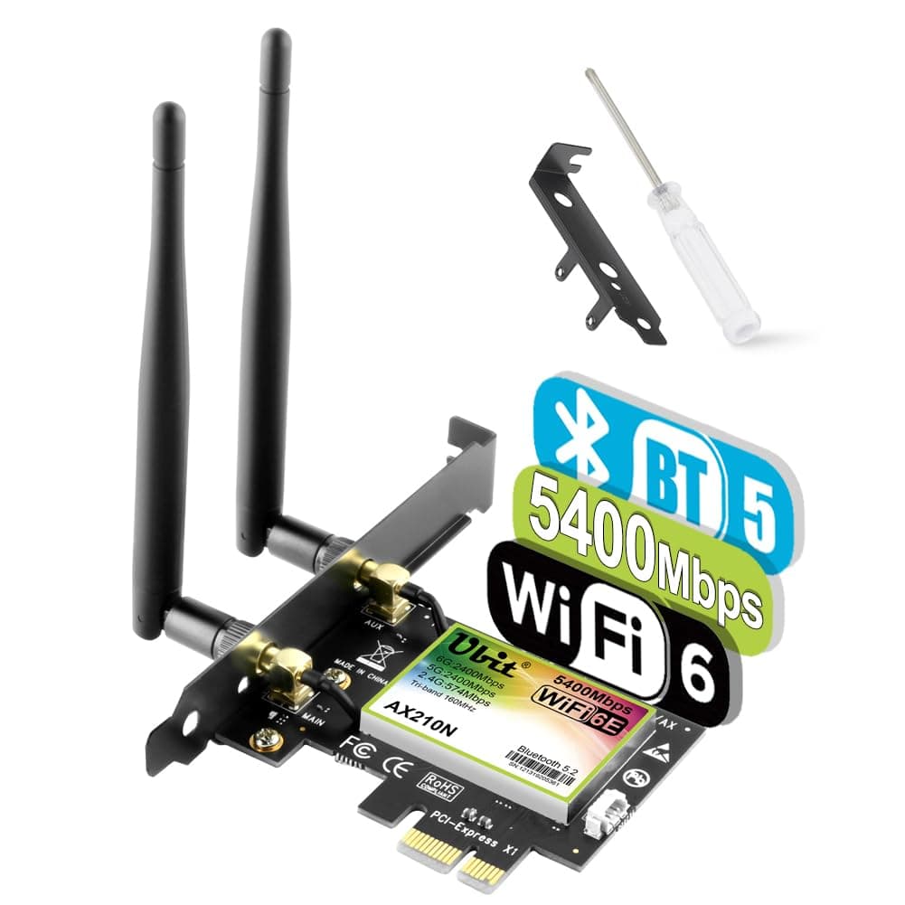 Ubit WiFi 6E AXE5400 PCIe WLAN Karte für PC Intel AX210 Chipsatz mit Bluetooth 5.3 PCI Express Netzwerkkart Tri-Bands (6GHz/5GHz/2,4GHz) Bis zu 5374Mbit/s Geeignet für Windows 10/11 Grün Angebot bei HelloDeals