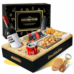 Couchbar Snackbox, Couch Tablett mit Geschenkbox, Couch Butler, Sofa Tablett mit 2 Snackschalen, Getränkehalter, Snackbar Organizer mit Flaschenöffner Geschenke für Männer Geburtstag(Schwarz B) Angebot bei HelloDeals