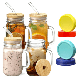 4er Set Trinkgläser mit Deckel und Strohhalm,Cocktailgläser mit Henkel | 400ml Glasbecher mit Deckel, Einmachgläser mit Henkel für Wasser,Kaffee,Cocktail,Soda,Matcha,Geschenk Transparent Angebot bei HelloDeals