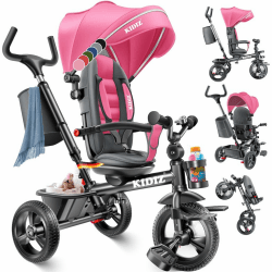 KIDIZ® Dreirad 6in1 Kinderdreirad mit Schubstange Lenkbar ab 9 Monaten bis 25Kg Jogger vorwärts & Rückwärtsfahrt, Korb Tasche Getränkehalter Sonnendach Gummiräder Buggy Fahrrad Baby Klappbar Rosa Angebot bei HelloDeals