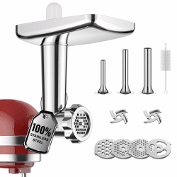 GVODE Edelstahl-Fleischwolf-Aufsatz für KitchenAid Zubehör | Fleischwolf für KitchenAid inkl. 4 Mahlplatten, 3 Wurströhrchen, 2 Klingen, Spülmaschinenfest Silberfarben Angebot bei HelloDeals