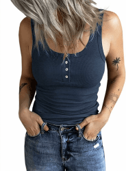 Fessceruna Damen Tops Sexy Tanktop Ärmellos Sommer Oberteil | U-Ausschnitt, Einfarbig, Gerippt Sommertop, Camisole Shirt mit Knöpfen, Elegant Träger-Tops XL Blau Angebot bei HelloDeals