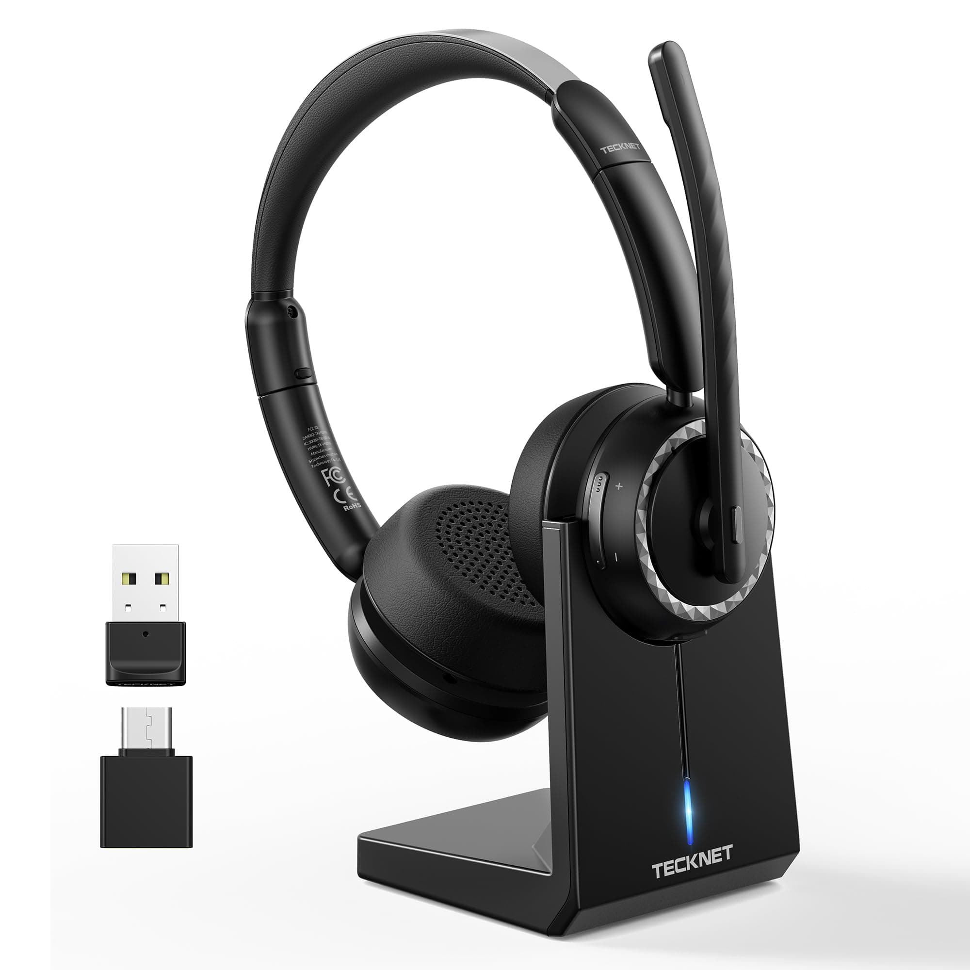 TECKNET V5.3 Bluetooth Headset mit Mikrofon, Wireless Headset mit AI Noise Cancelling Mikrofon, Ladestation, USB-Dongle, 55+ Std. Akku, Wiederaufladbar On-Ear Kopfhörer für Büro, Home, Callcenter Schwarz Angebot bei HelloDeals