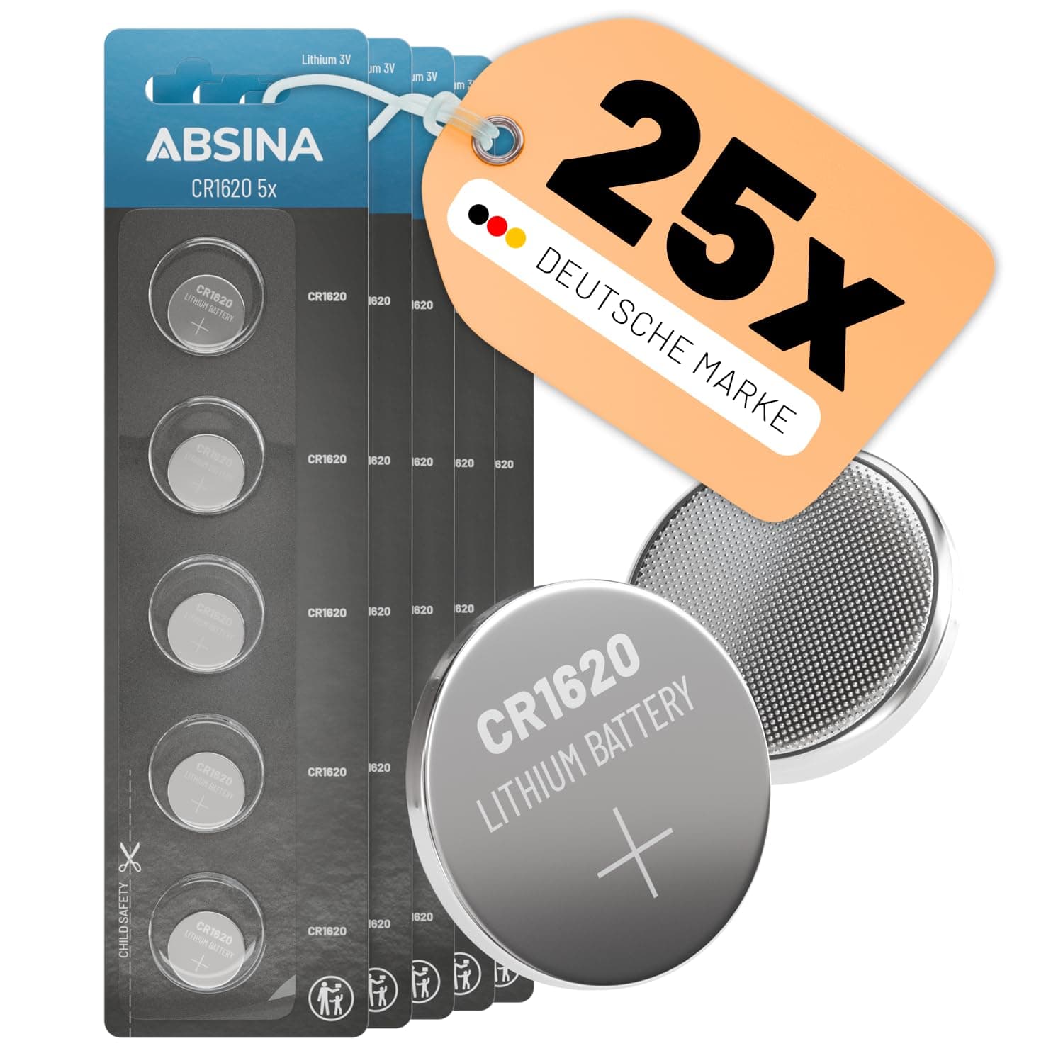ABSINA CR1620 3V Lithium Knopfzelle - auslaufsicher & Lange Haltbarkeit | 25er Pack CR 1620 Knopfbatterie für Autoschlüssel, Uhr und vieles mehr - 3 Volt Batterien 25er Pack CR1620 Angebot bei HelloDeals