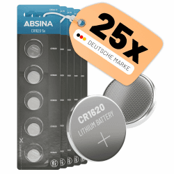 ABSINA CR1620 3V Lithium Knopfzelle - auslaufsicher & Lange Haltbarkeit | 25er Pack CR 1620 Knopfbatterie für Autoschlüssel, Uhr und vieles mehr - 3 Volt Batterien 25er Pack CR1620 Angebot bei HelloDeals