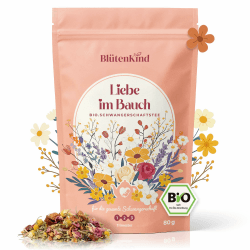 BlütenKind BIO Schwangerschaftstee Liebe im Bauch | Für alle Trimester | Wohltuender Genuss, koffeinfrei, beliebte Frauenkräuter für die Schwangerschaft, schöne Verpackung, Mommy to be Geschenk 80g Angebot bei HelloDeals