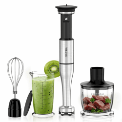 FRESKO Stabmixer 1000W mit Zubehör-Set, Stufenlose Geschwindigkeitsregelung | Pürierstab Edelstahl, Schneebesen inkl., 500ml Lebensmittelhacker, Messbecher mit Deckel & Schutzhülle Schwarz Dunkel mit Silber Angebot bei HelloDeals