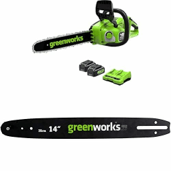 Greenworks 48V(2x24V) Akku Kettensäge mit bürstenlosem Motor, 14 Zoll (35cm) Blattlänge Mit zwei 4Ah Akkus & Doppel-Ladegerät + Greenworks 35cm Ersatzschwert für Kettensäge 35cm(2x 4Ah) Angebot bei HelloDeals