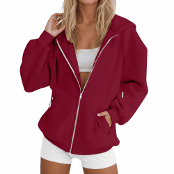 Sweatjacke Damen mit Kapuze Zipper Hoodie Oversize Jacke damen Übergangsjacke Leicht Pullover Y2K Outwear Kapuzenjacke College Sport Sweatshirt Jacke Trainingsjacke Kapuzenpullover für Frauen S-3XL Wein L Angebot bei HelloDeals