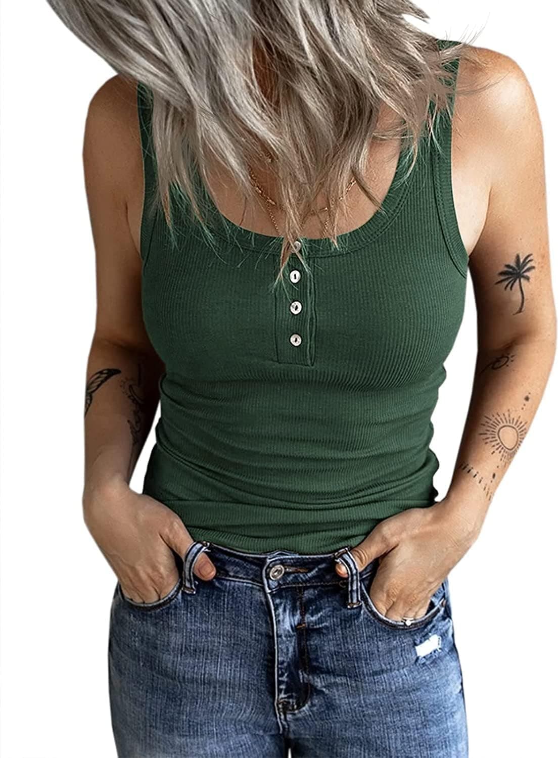 Fessceruna Damen Tops Sexy Tanktop Ärmellos Sommer Oberteil | U-Ausschnitt, Einfarbig, Gerippt Sommertop, Camisole Shirt mit Knöpfen, Elegant Träger-Tops L Armeegrün Angebot bei HelloDeals