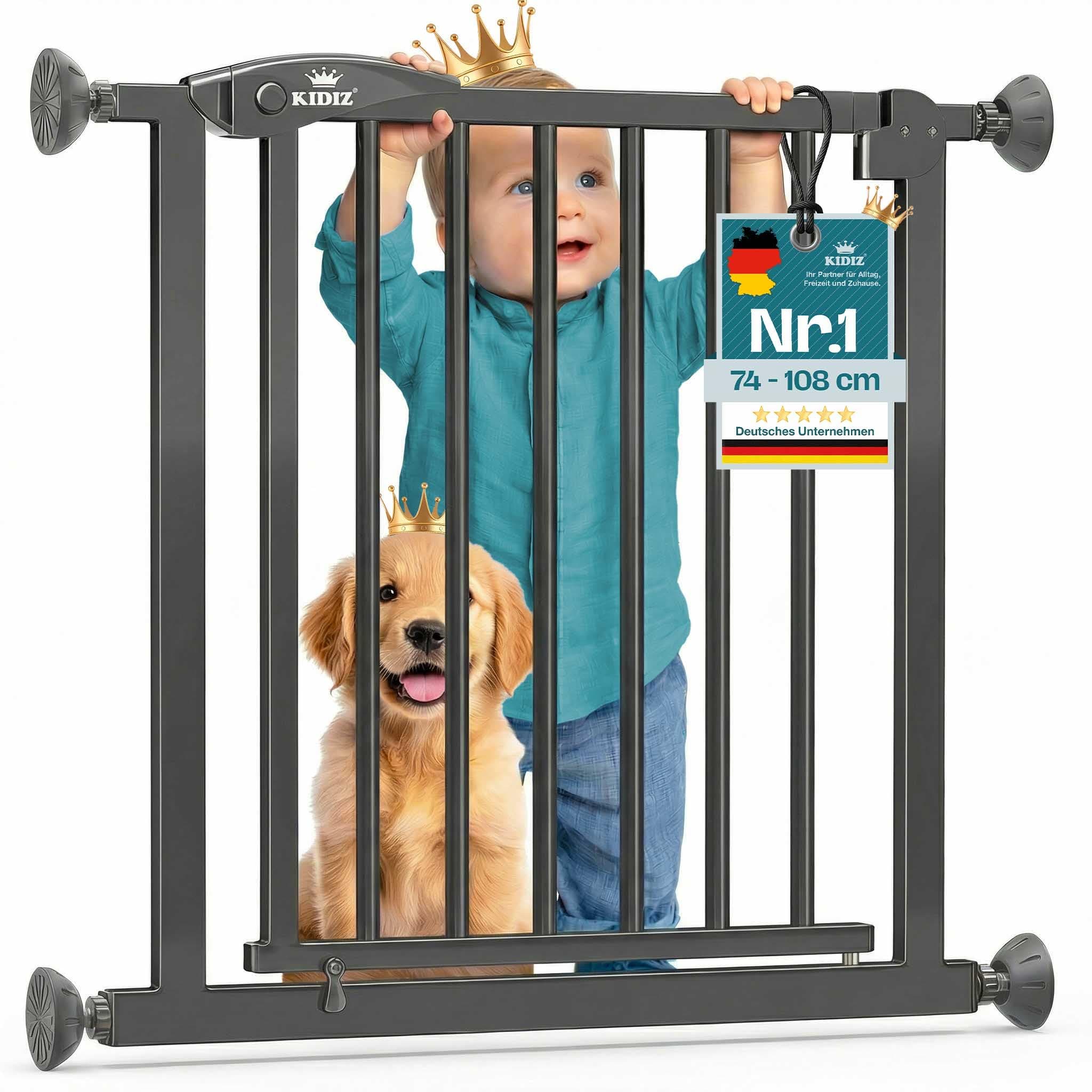 KIDIZ Treppenschutzgitter ohne Bohren | Verstellbare Breite: 81-87 cm, 75 cm hoch, Türschutzgitter und Absperrgitter für Kinder und Hunde, Beidseitige Einhand Öffnung, 90° Open-Stop System, Anthrazit 81 - 87 cm Anthrazit Angebot bei HelloDeals