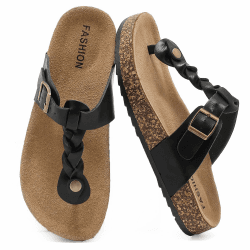 Lässig Flach Zehentrenner Damen, Kork Fußbett Sommer Schlappen Unisex, Herren Flip flop Sandalen mit Einstellbarer Schnalle, Pantoletten Rutschfest Badelatschen, Bequem Hausschuhe Schwarz 40 EU Angebot bei HelloDeals