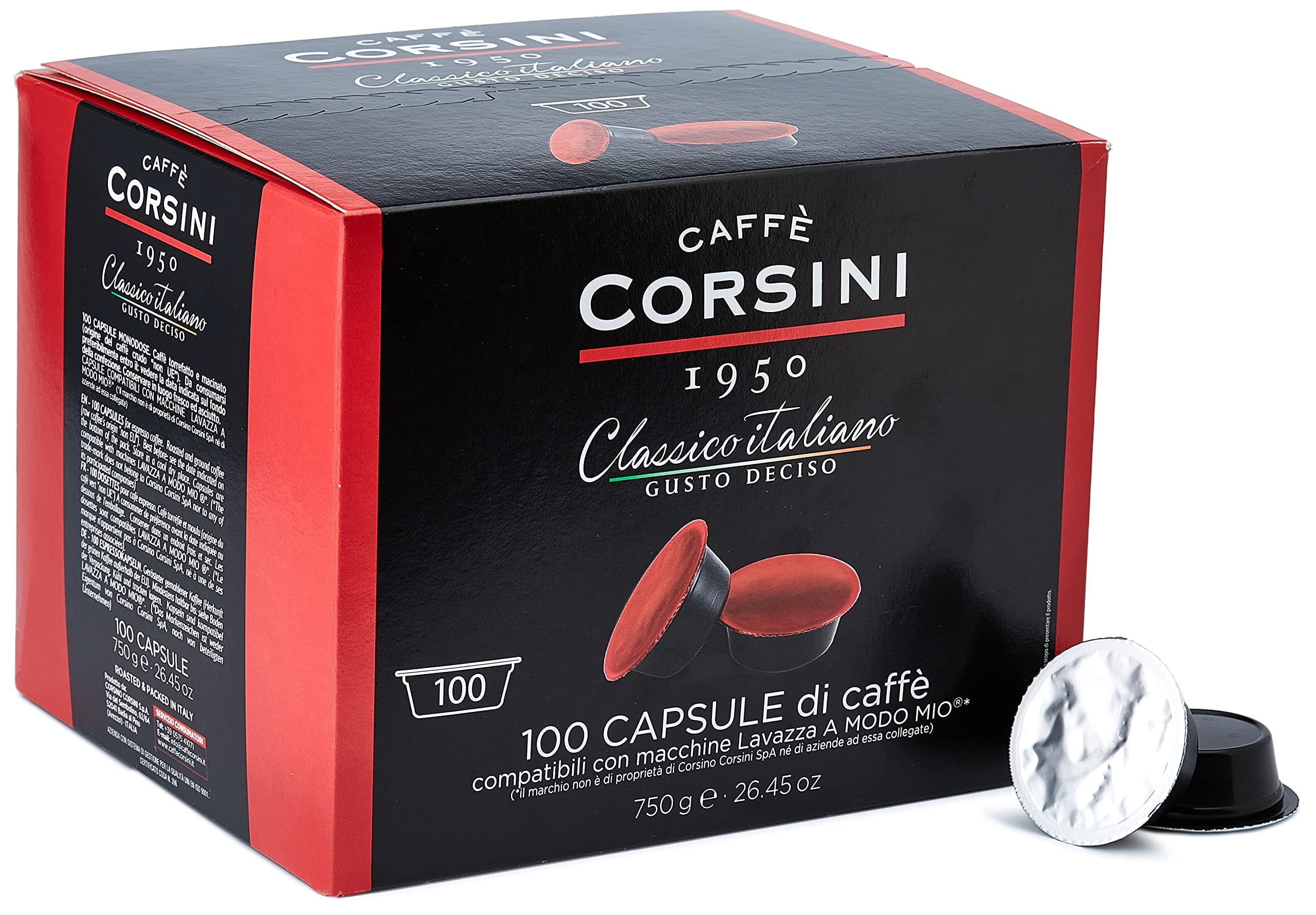 Caffè Corsini - Classico Italiano. Packung mit 100 kompatiblen Lavazza* a Modo Mio* Kapseln mit 7,5 Gramm gemahlenem Kaffee 100 Kapseln Angebot bei HelloDeals