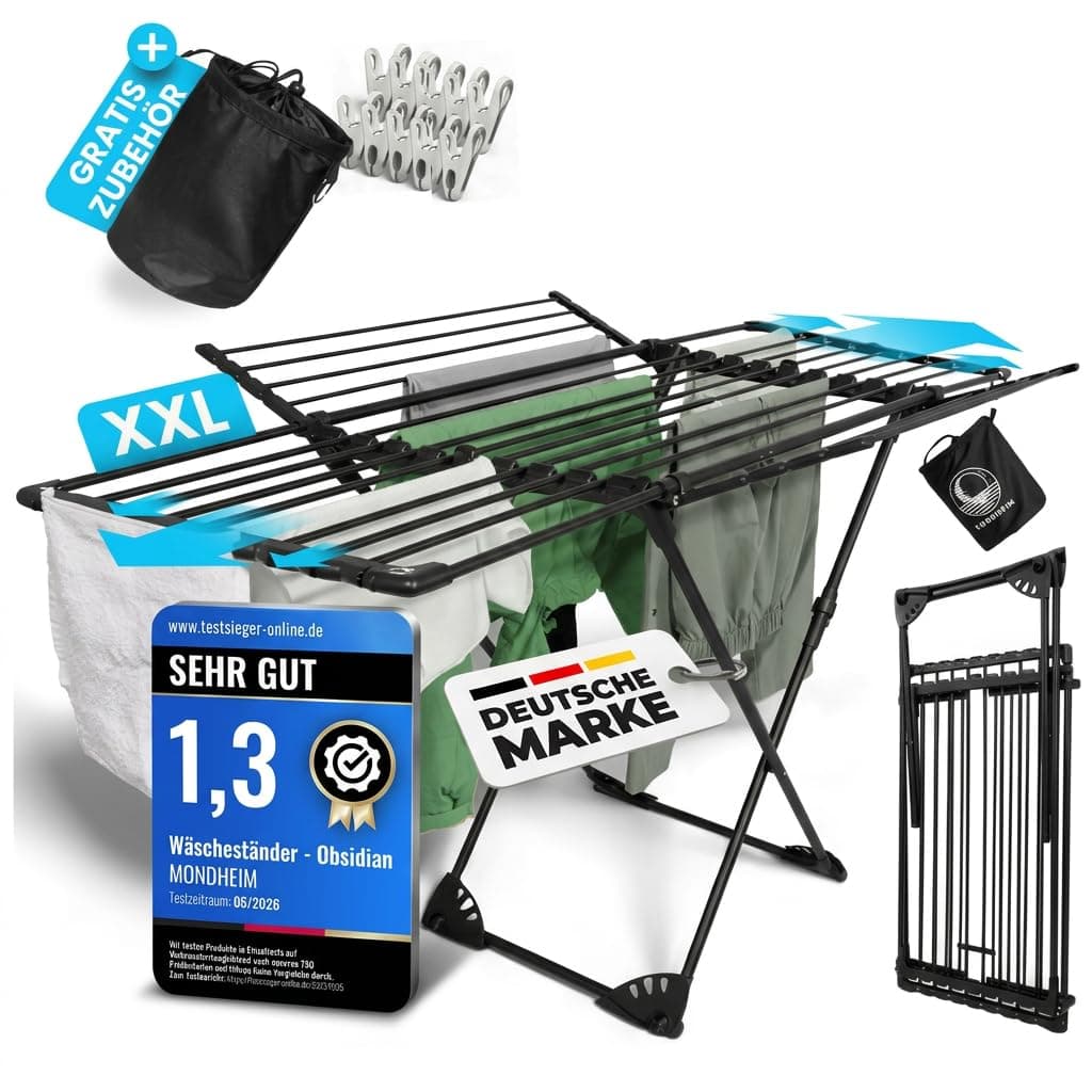 MONDHEIM® Obsidian | XXL Teleskop Wäscheständer 26M TROCKENLÄNGE | abnehmbare Querstrebe | Flügelwäscheständer platzsparend | nutzbar für Balkon oder Terasse Schwarz Angebot bei HelloDeals