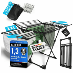 MONDHEIM® Obsidian | XXL Teleskop Wäscheständer 26M TROCKENLÄNGE | abnehmbare Querstrebe | Flügelwäscheständer platzsparend | nutzbar für Balkon oder Terasse Schwarz Angebot bei HelloDeals