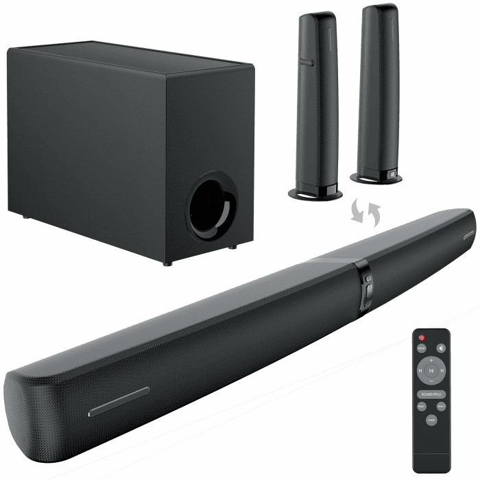 Soundbar mit Subwoofer für TV Geräte, 2-in-1 abnehmbare Sound bar, 120W, kräftiger Bass, 3 Modi, kompatibel mit Bluetooth 5.3/ARC/Opt/AUX für TV, PC, Gaming, Beamer 1 Pcs (Schwarz) Angebot bei HelloDeals