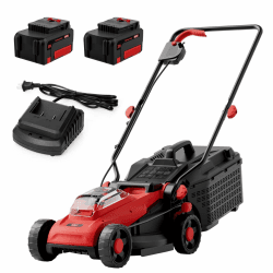 MZK Akku Rasenmäher 20V 34cm, bürstenlos, 2x4Ah Akku & Ladegerät | Leiser Akku-Rasenmäher mit Akku, 31L Fangkorb, 4 Schnitthöhen; ideal für kleine bis mittlere Rasenflächen. Angebot bei HelloDeals