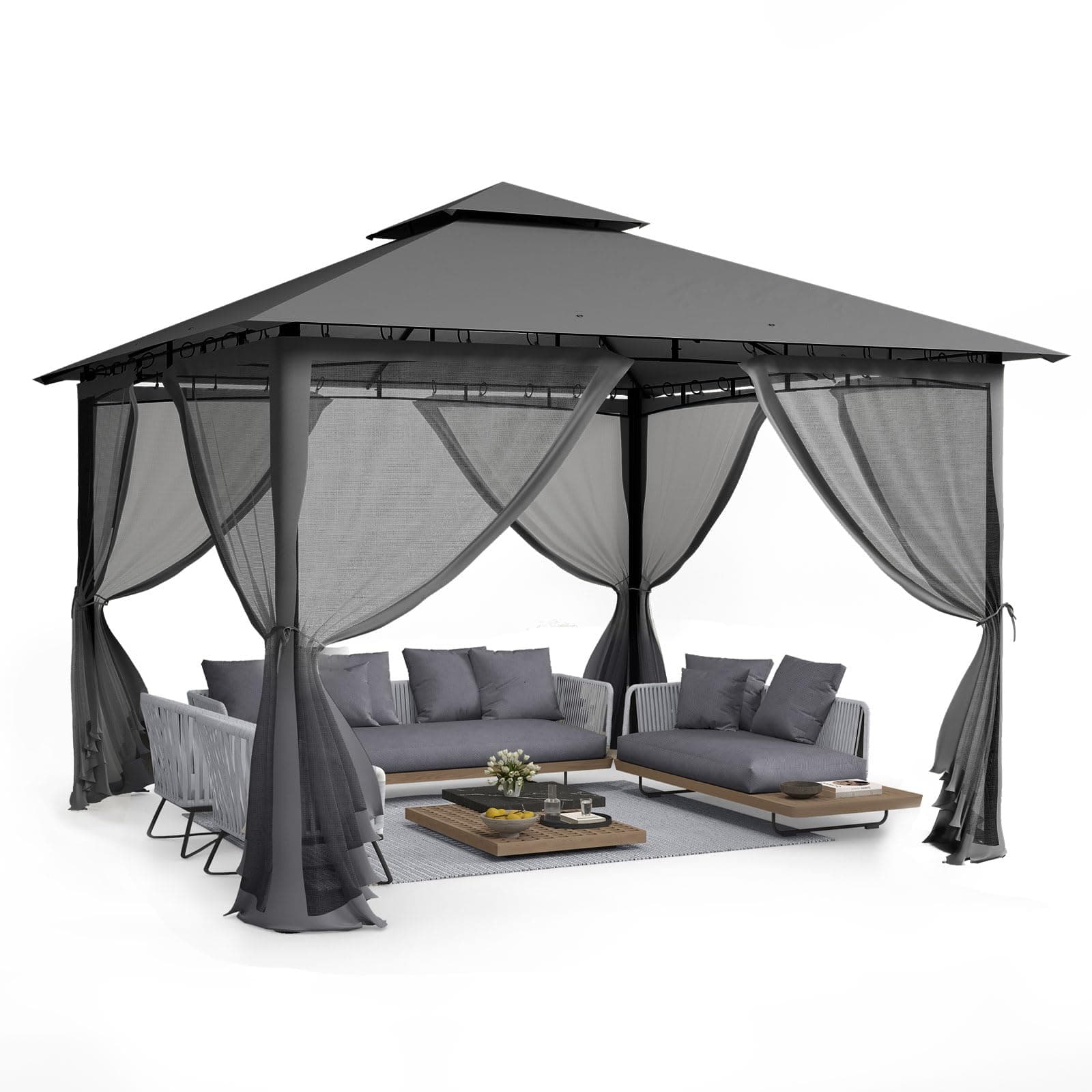 UDPATIO Pavillon 3,35x3,35m Wasserdicht Stabil Winterfest, Gartenpavillon mit Doppeldach, Moskitonetz und Metallrahmen, Doppeldach Gartenlaube für Garten, Terrassen, (Grau) Angebot bei HelloDeals
