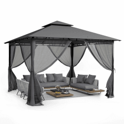 UDPATIO Pavillon 3,35x3,35m Wasserdicht Stabil Winterfest, Gartenpavillon mit Doppeldach, Moskitonetz und Metallrahmen, Doppeldach Gartenlaube für Garten, Terrassen, (Grau) Angebot bei HelloDeals