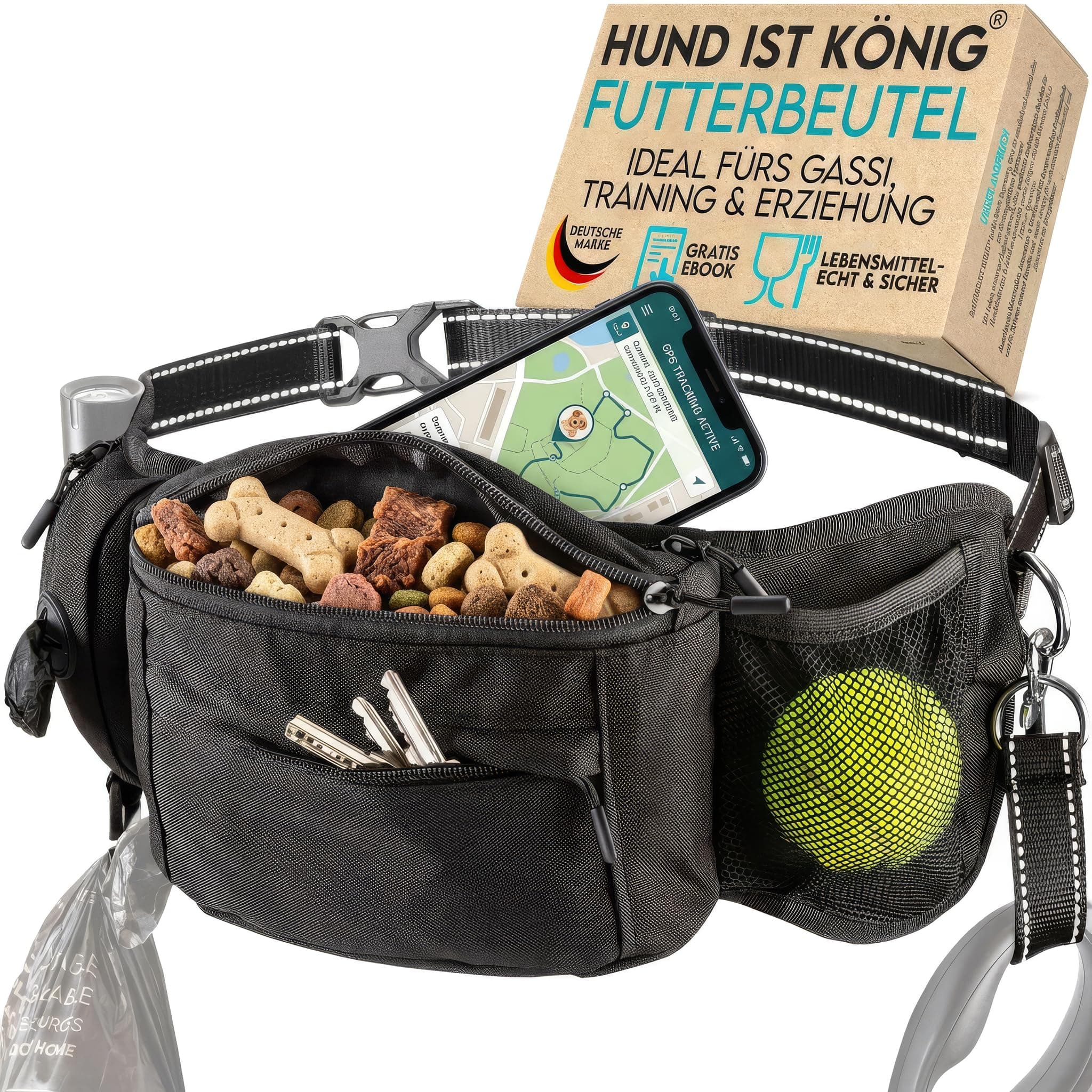 HUND IST KÖNIG Leckerlitasche für Hunde - Bauchtasche/Gassi Tasche Hund | Robuste Bauchtasche Hundetraining - Futterbeutel Hunde mit Kotbeutelspender, Handyfach & Gurt für Flexileine - Hundezubehör Schwarz Angebot bei HelloDeals