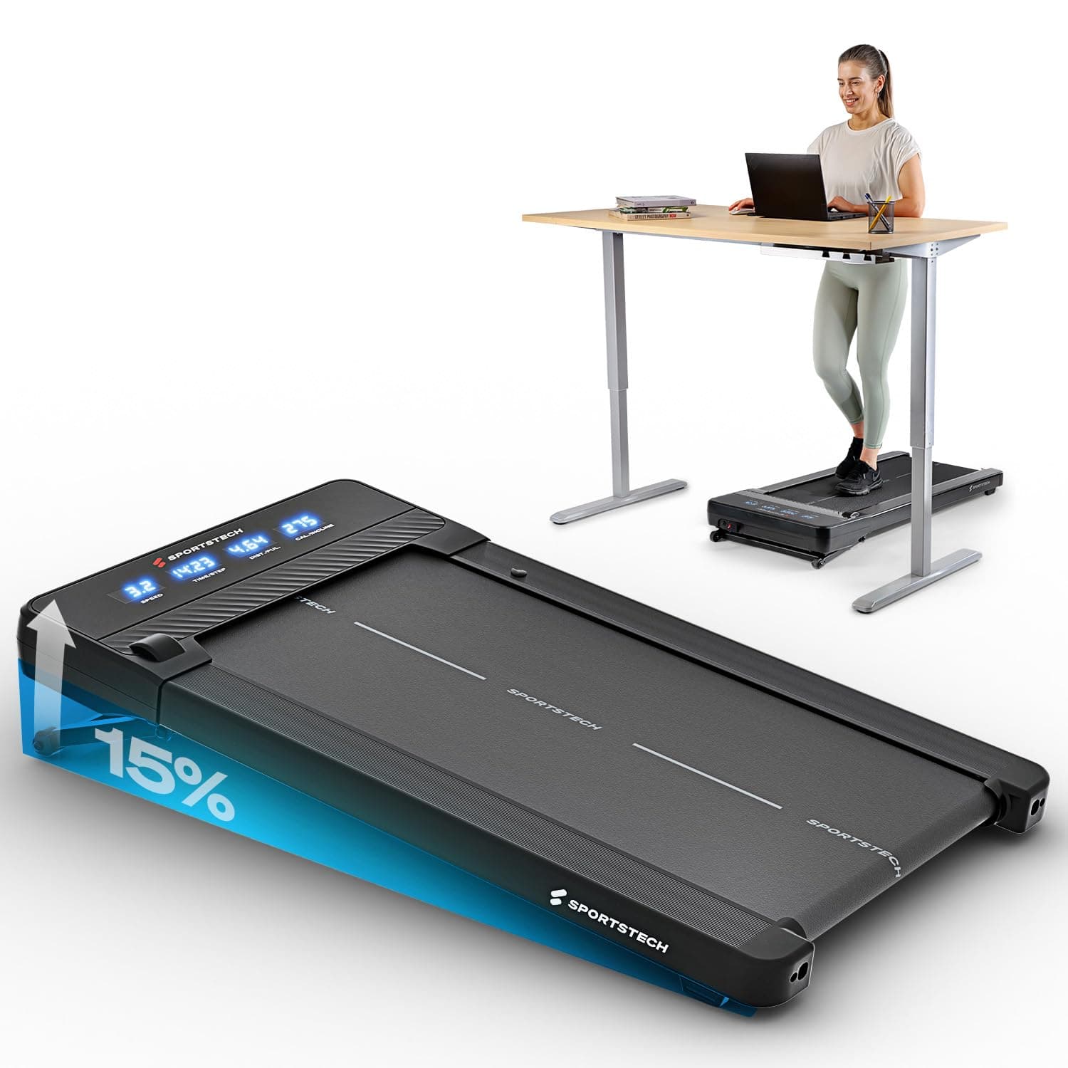 Sportstech Walking Pad klappbar, bis 8 km/h, autom. Steigung, 180 kg | Fürs Home Office, Schrittzähler, 5 Stufen bis 15%, LCD Display, App-kompatibel, unter dem Schreibtisch, sPad500 sPad500. Angebot bei HelloDeals