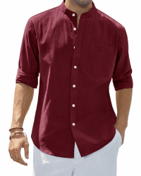 siliteelon Leinenhemd Herren Hemd Langarm Stehkragen Baumwolle Leinen Hemd Regular Fit Sommer Freizeithemden Business Formell Party Club Strand Shirt L Burgunderrot Angebot bei HelloDeals
