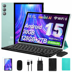 Tablet 10 Zoll mit Tastatur und Maus, Android 15 mit Gemini AI, 30 GB RAM + 128 GB ROM, Erweiterbar auf 2 TB, Octa-Core Prozessor, WLAN 6, Widevine L1, 8000 mAh Akku, Metallgehäuse, Blaugrün Angebot bei HelloDeals