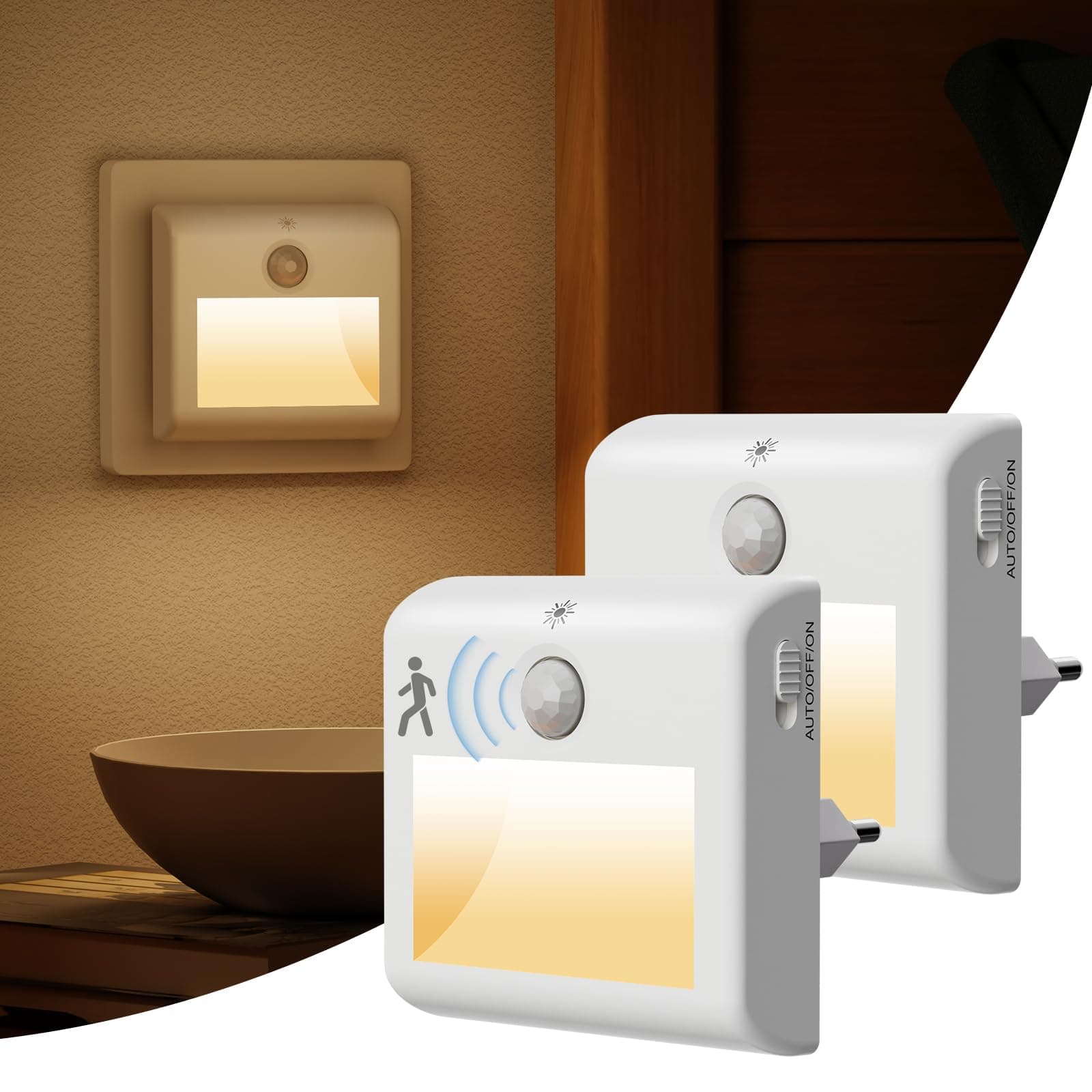 [2 Stück] Nachtlicht Steckdose mit Bewegungsmelder, LED Nachtlichter | Warmweißes Licht, 3 Modi (ON/Auto/OFF), Stufenlose Dimmung, für Kinder Schlafzimmer, Flur, Treppenhaus, Küche, Badezimmer Angebot bei HelloDeals