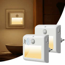[2 Stück] Nachtlicht Steckdose mit Bewegungsmelder, LED Nachtlichter | Warmweißes Licht, 3 Modi (ON/Auto/OFF), Stufenlose Dimmung, für Kinder Schlafzimmer, Flur, Treppenhaus, Küche, Badezimmer Angebot bei HelloDeals