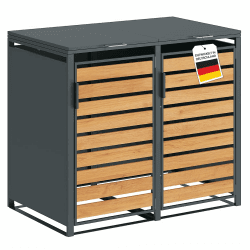 STEELSØN Kestra Mülltonnenbox, 2er bis 120 L, mit Sichtstreifen Holzoptik | Mülltonnenverkleidung aus Stahl in Anthrazit, hochwertiger Müllcontainer für 2 Tonnen, Müllbox, Gerätebox wetterfest 2 Türen Angebot bei HelloDeals