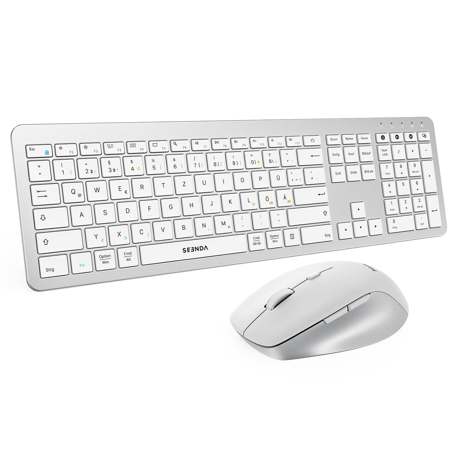 Seenda COE300 Tastatur Maus Set Kabellos, 3 Geräte, QWERTZ, Weiß und Silber | Dual-Bluetooth + 2,4 GHz USB, Ultra-Dünne Funktastatur für Windows, Mac OS, Laptops, iPads und Tablets Angebot bei HelloDeals
