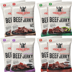 Viking Bites Beef Jerky Mischkarton 400g (8 x 50g) – 2x Original, 2x Jalapeno, 2x Barbecue, 2x Teriyaki – Getrocknetes Rindfleisch – Fleischsnack mit hohem Proteingehalt Mix 8 x 50 g Angebot bei HelloDeals