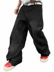 Herren Baggy Jeans mit unregelmäßigen Nähten lässige Mode Y2K Hip Hop Wide Leg Denim-Hosen Streetwear A Schwarz XXL Angebot bei HelloDeals