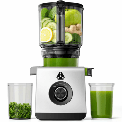 AAOBOSI Entsafter, Slow Juicer mit 165 mm extragroßer Einfüllöffnung | für ganze Früchte und Gemüse, 3-in-1 Sieb (für Säfte, Sorbet, Nussdrinks), Hohe Saftausbeute, Leicht zu reinigen, 2,5L-Behäl. Silbergrau 165MM Angebot bei HelloDeals