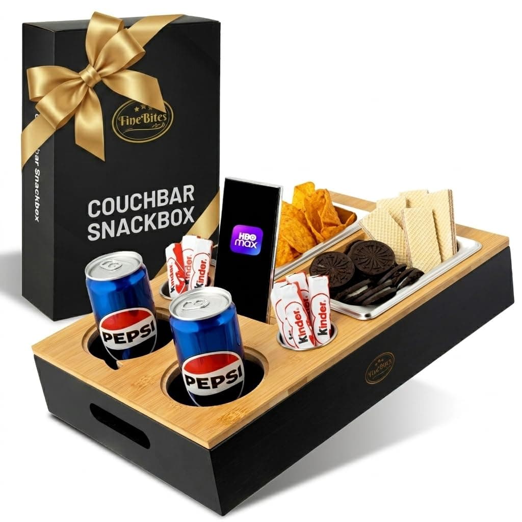 Couchbar Snackbox für 2, Bambus Snackbar & Couch Butler mit 4 Snackschalen | Sofatablett mit Getränkehalter & magnetischem Deckel, Couch bar Organizer Tablett, Geschenk für Männer & Frauen Angebot bei HelloDeals