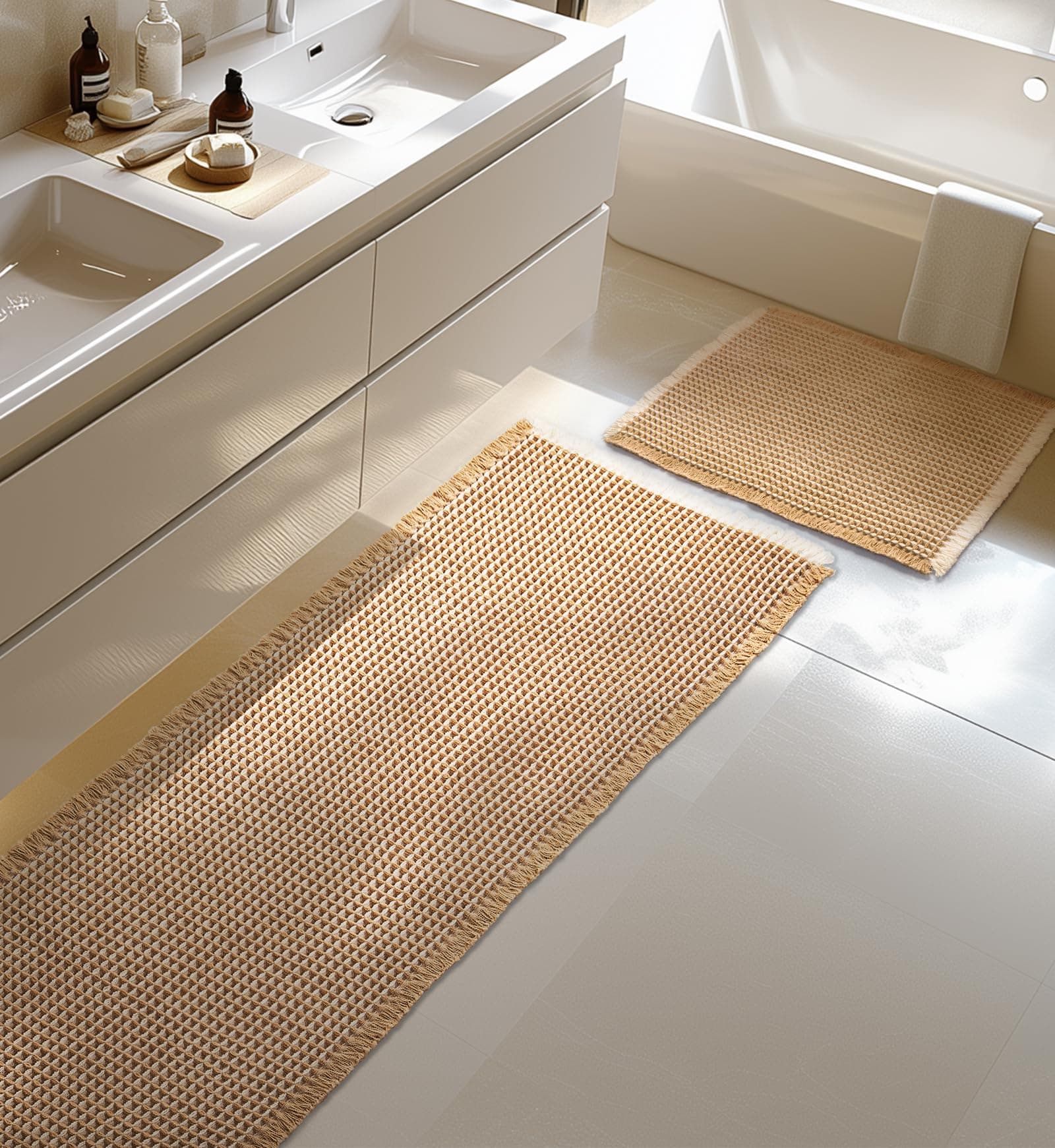 Großer Badteppich Set, rutschfeste Badematte, Badezimmerteppich Set 2 Teilig, Boho Badezimmermatte, Waschbar Duschvorleger für Wohnzimmer Schlafzimmer Badezimmer, Bad Deko, 51 x 120 cm + 41 x 61 cm Braun Weiß Angebot bei HelloDeals