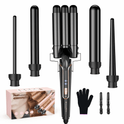 BESTOPE PRO Lockenstab Lockenstäbe 3 Fässer Welleneisen 5 in 1– Lockenstab Set 3 Fässer für großer Wellen, Temperatureinstellung, Schnellaufheizung und einem Handschuh, 2 Clips, Schwarz Angebot bei HelloDeals
