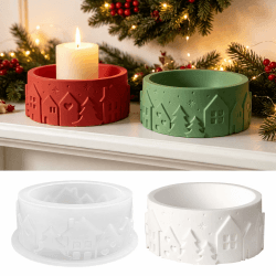 TZEKING Silikonform Gießform, Runder Kerzenhalter mit Haus und Weihnachtsbaum Motiv, 3D Silikonform für Weihnachtsdeko, DIY Beton Gips Kerze Weihnachten/Rundes Haus-Kerzenständer Angebot bei HelloDeals