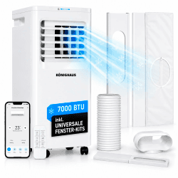 Könighaus Smarte EU Mobile Klimaanlage 7000 BTU – für deutsche Kippfenster geeignet - Kühlung, Entfeuchtung, Ventilator und Luftreinigung – energieeffizient (A) – inkl. Fernbedienung und App 07k - ca. 20 m² Angebot bei HelloDeals