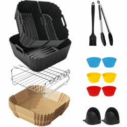 19-23cm Heißluftfritteuse Zubehör Ninja AF180EU Max Pro 6,2L COSORI 6L 6,2L | Inklusive Airfryer Silikonform Einsatz für AF140EU 4,7L, COSORI 5,5L 6L 6,2L Backpapie, Muffinförmchen, Grillrost Schwarz Set Angebot bei HelloDeals